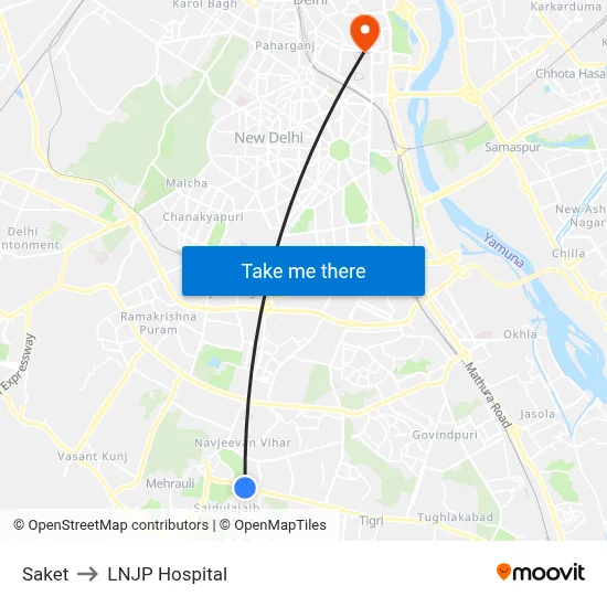Saket to LNJP Hospital map