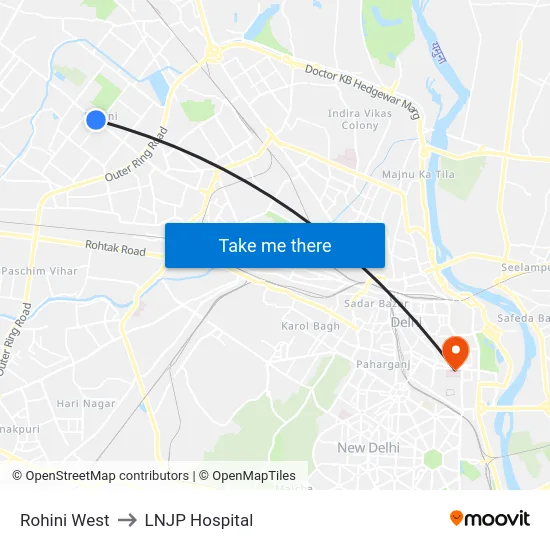 Rohini West to LNJP Hospital map