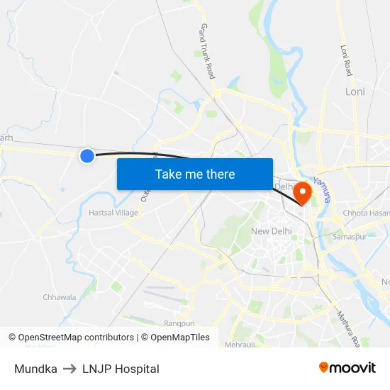 Mundka to LNJP Hospital map