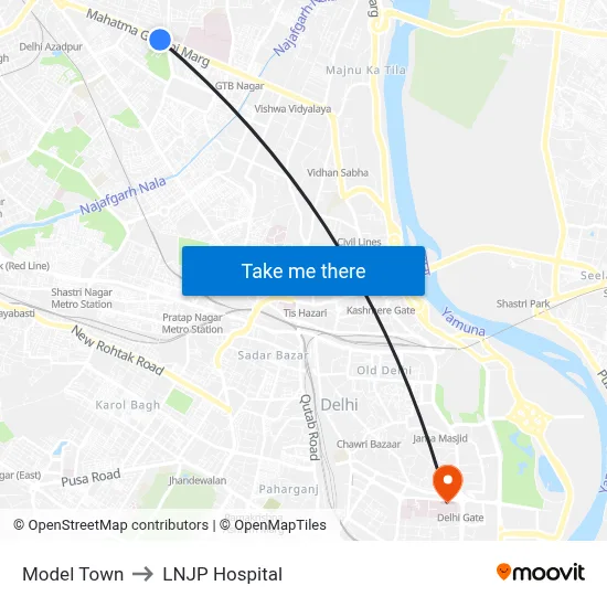 Model Town to LNJP Hospital map