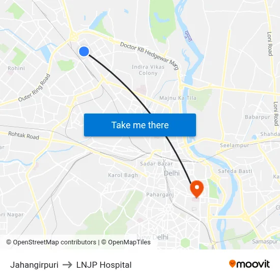 Jahangirpuri to LNJP Hospital map