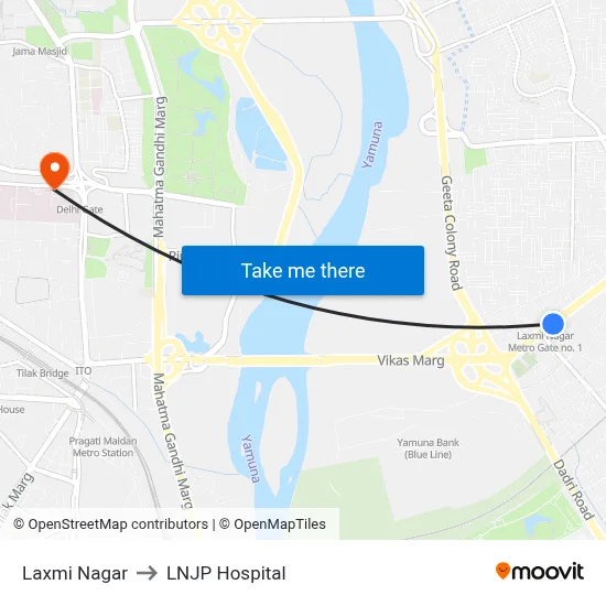 Laxmi Nagar to LNJP Hospital map