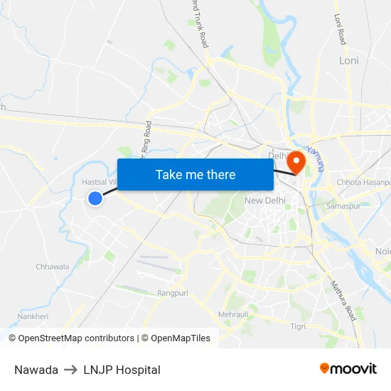 Nawada to LNJP Hospital map