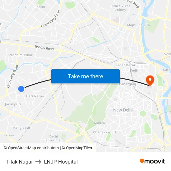 Tilak Nagar to LNJP Hospital map