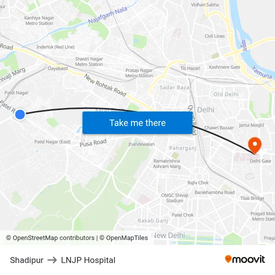 Shadipur to LNJP Hospital map