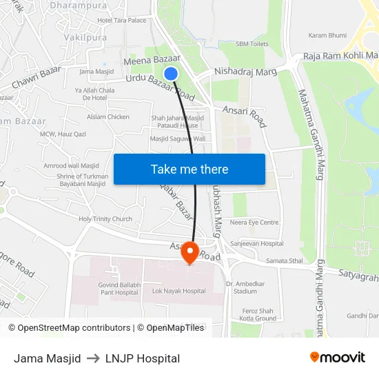 Jama Masjid to LNJP Hospital map