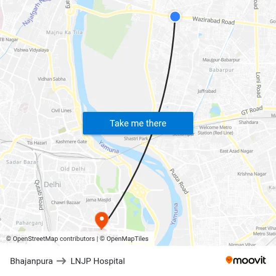 Bhajanpura to LNJP Hospital map
