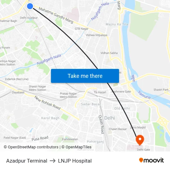 Azadpur Terminal to LNJP Hospital map