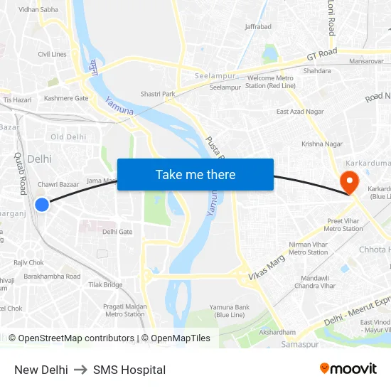 New Delhi to SMS Hospital map