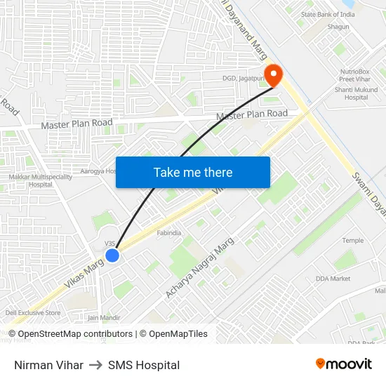 Nirman Vihar to SMS Hospital map