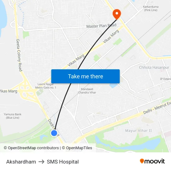 Akshardham to SMS Hospital map