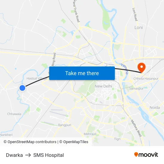 Dwarka to SMS Hospital map