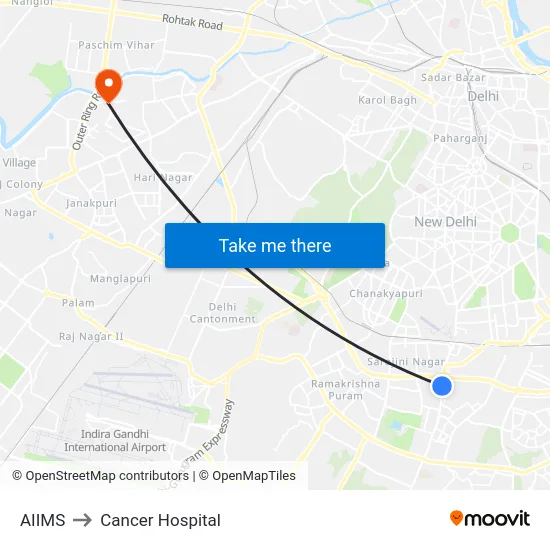 AIIMS to Cancer Hospital map