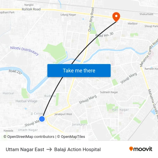 Uttam Nagar East to Balaji Action Hospital map