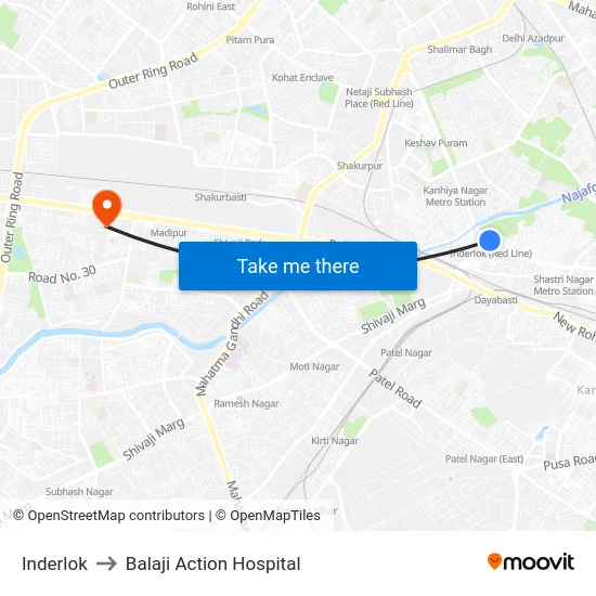 Inderlok to Balaji Action Hospital map