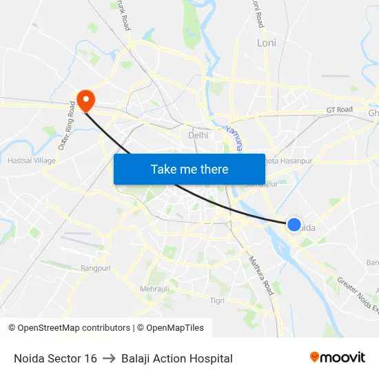 Noida Sector 16 to Balaji Action Hospital map