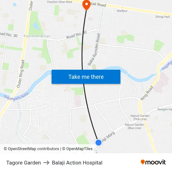 Tagore Garden to Balaji Action Hospital map
