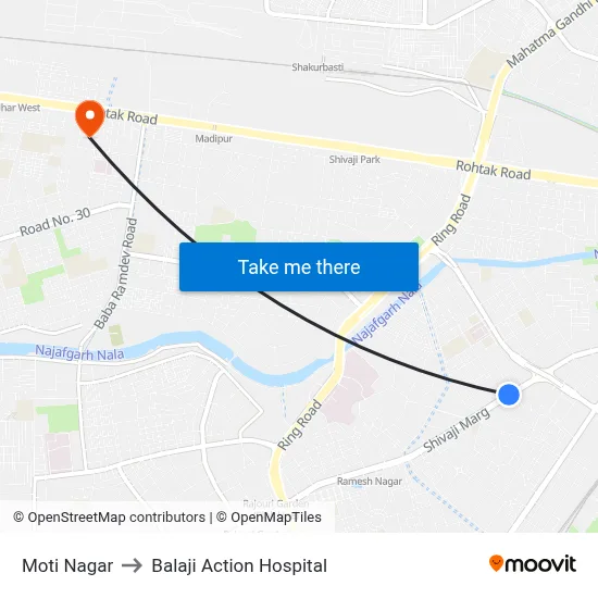 Moti Nagar to Balaji Action Hospital map