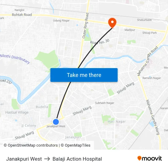 Janakpuri West to Balaji Action Hospital map