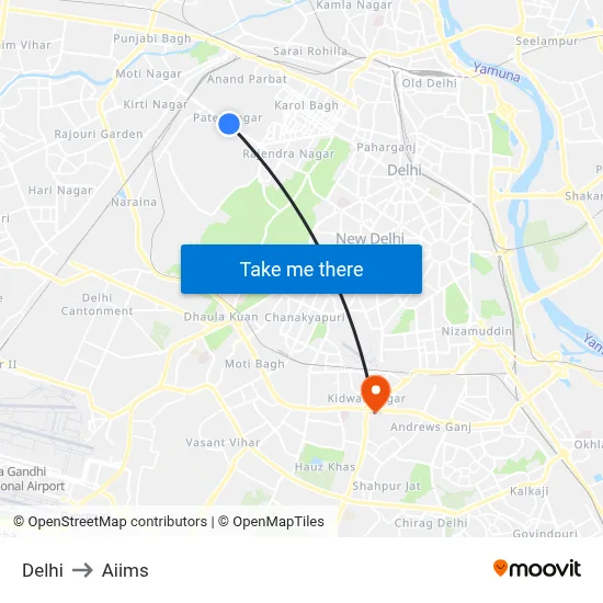 Delhi to Aiims map