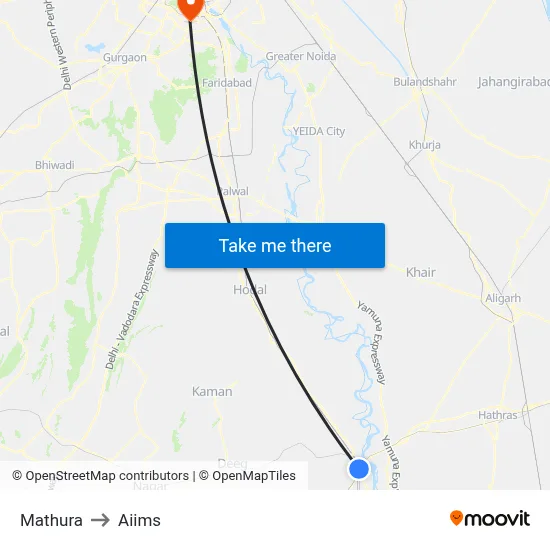 Mathura to Aiims map