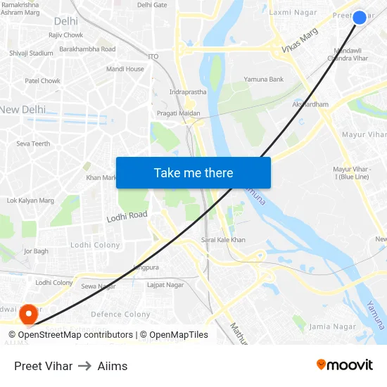 Preet Vihar to Aiims map