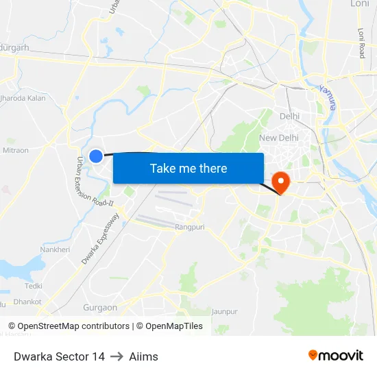 Dwarka Sector 14 to Aiims map