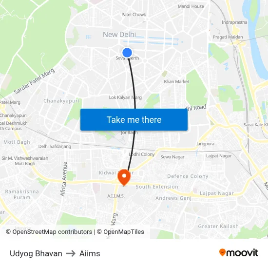 Udyog Bhavan to Aiims map