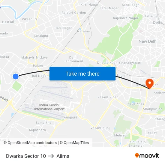 Dwarka Sector 10 to Aiims map