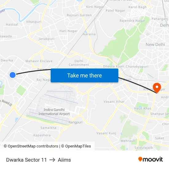 Dwarka Sector 11 to Aiims map