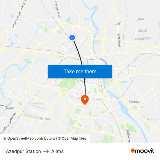 Azadpur Station to Aiims map