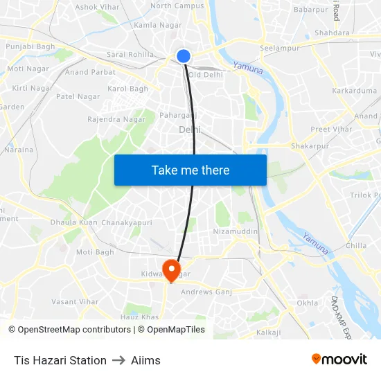 Tis Hazari Station to Aiims map