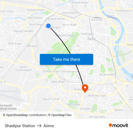 Shadipur Station to Aiims map