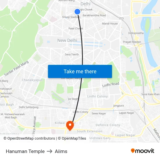 Hanuman Temple to Aiims map