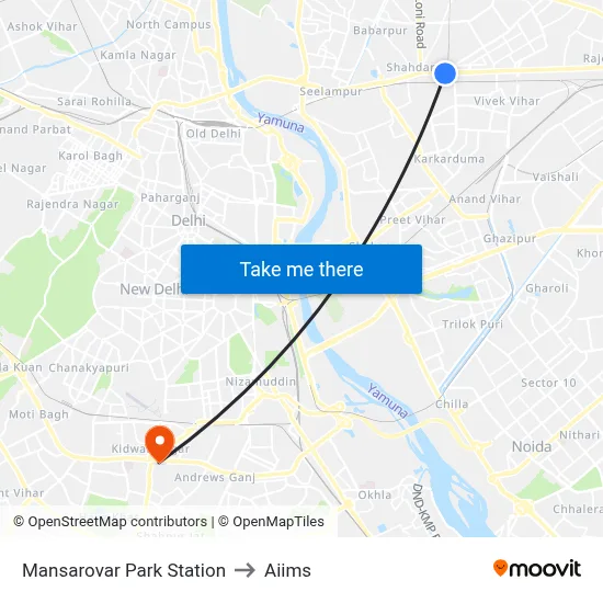 Mansarovar Park Station to Aiims map