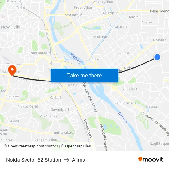 Noida Sector 52 Station to Aiims map