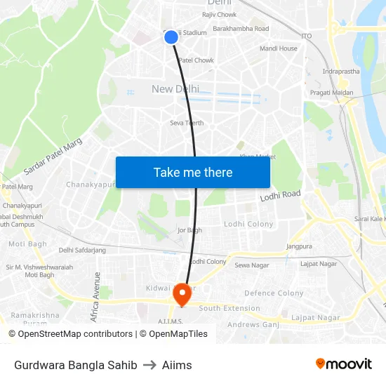 Gurdwara Bangla Sahib to Aiims map
