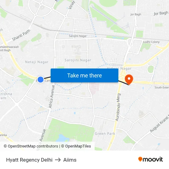 Hyatt Regency Delhi to Aiims map