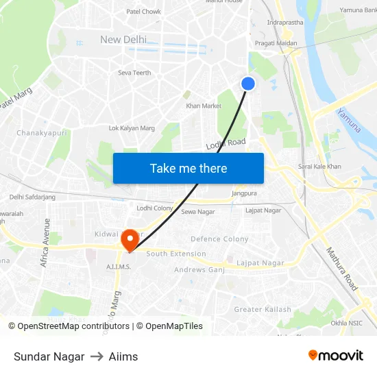 Sundar Nagar to Aiims map