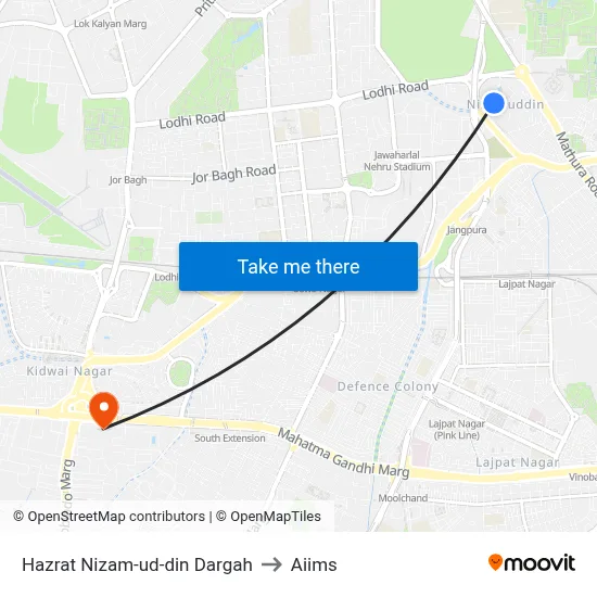 Hazrat Nizam-ud-din Dargah to Aiims map