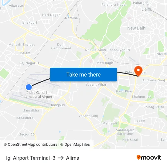 Igi Airport Terminal -3 to Aiims map