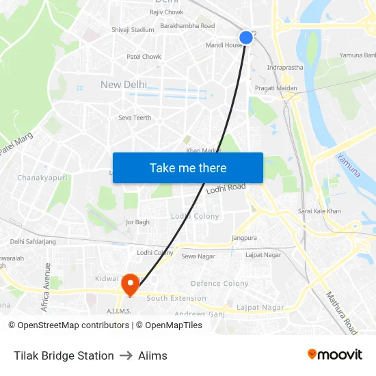 Tilak Bridge Station to Aiims map