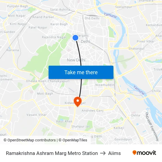 Ramakrishna Ashram Marg Metro Station to Aiims map