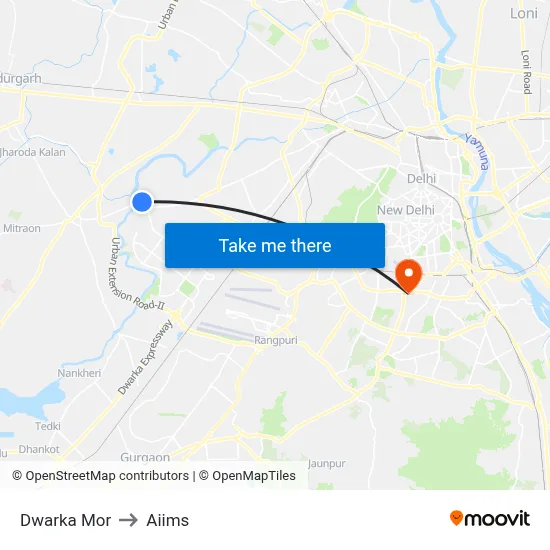 Dwarka Mor to Aiims map