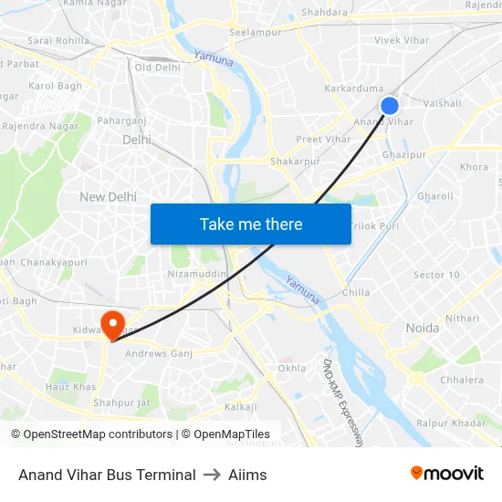 Anand Vihar Bus Terminal to Aiims map