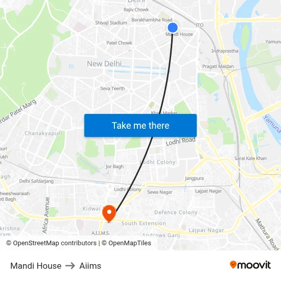 Mandi House to Aiims map