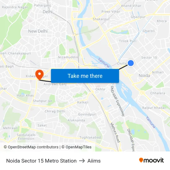 Noida Sector 15 Metro Station to Aiims map