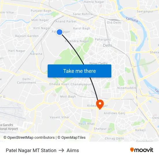 Patel Nagar MT Station to Aiims map