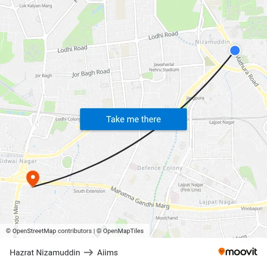 Hazrat Nizamuddin to Aiims map