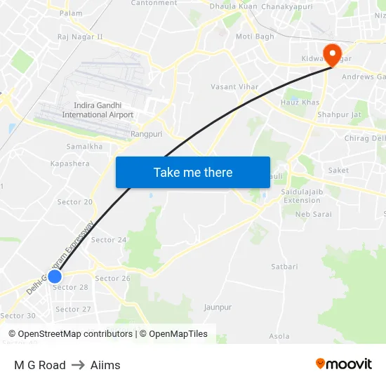M G Road to Aiims map